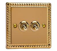 Varilight 2-Gang (10A Intermediate Switch + 10A 1- or 2-Way Switch) Classic Georgian Brass with Brass Toggle