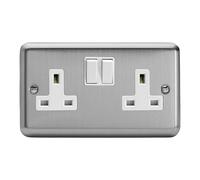 Varilight Classic 2 Gang Twin Switched Socket with White Insert (Double XC5B) - Brushed Steel - DOU-XS5W