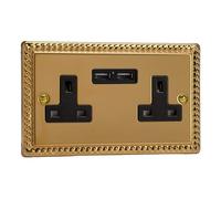 Varilight 2-Gang Unswitched Socket – 13A, 2 Optimised USB Ports – Georgian Brass Effect, Black Insert