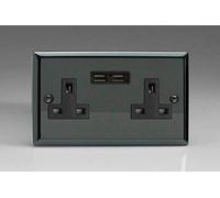 Varilight 2 Gang, 13 Amp Unswitched Socket with 2 Optimised USB Charging Ports, Black Insert. Classic iridium Black