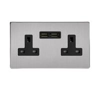 Varilight 2 Gang, 13 Amp Unswitched Socket with 2 Optimised USB Charging Ports, Black Insert. Dimension Screwless Brushed Steel