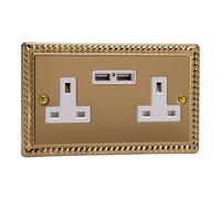 Varilight 2 Gang, 13 Amp Unswitched Socket with 2 Optimised USB Charging Ports, White Insert. Classic Georgian Polished Brass Effect