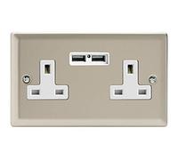 Varilight 2 Gang, 13 Amp Unswitched Socket with 2 Optimised USB Charging Ports, White Insert. Classic Satin Chrome