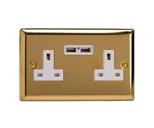 Varilight 2 Gang, 13 Amp Unswitched Socket with 2 Optimised USB Charging Ports, White Insert. Classic Victorian Polished Brass Effect