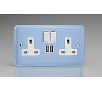 Varilight 2-Gang 13A Double Pole Switched Plug Socket + 2 5V DC 2100mA USB Charging Ports Duck Egg Blue XY5U2SW.DB