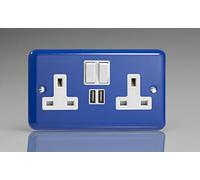 Varilight 2-Gang 13A Double Pole Switched Plug Socket + 2 5V DC 2100mA USB Charging Ports Reflex Blue XY5U2SW.RB