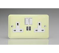 Varilight 2-Gang 13A Double Pole Switched Plug Socket + 2 5V DC 2100mA USB Charging Ports White Chocolate XY5U2SW.WC