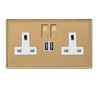 Varilight 2-Gang 13A Double Pole Switched Plug Socket with Metal Rockers + 2 5V DC 2100mA USB Charging Ports Brushed Brass XDY5U2SWS.JB