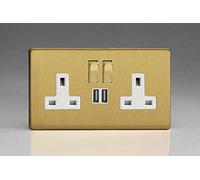 Varilight 2-Gang 13A Single Pole Switched Socket + 2x5V DC 2100mA USB Charging Ports Brushed Brass