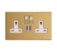 Varilight 2-Gang 13A Single Pole Switched Socket with 2x5V DC 2100mA USB Ports - Brushed Brass