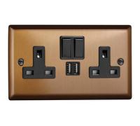 Varilight 2-Gang 13A Single Pole Switched Socket + 2x5V DC 2100mA USB Charging Ports Brushed Bronze