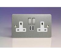 Varilight 2-Gang 13A Single Pole Switched Socket + 2x5V DC 2100mA USB Charging Ports Brushed Steel