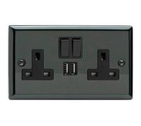 Varilight Double Switched Plug Socket With Usb Charging - Classic Iridium With Black Insert, Xi5U2Sb