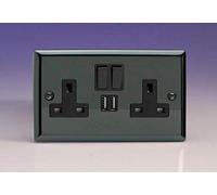 Varilight 2-Gang 13A Single Pole Switched Socket + 2x5V DC 2100mA USB Charging Ports Iridium