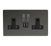 Varilight 2-Gang 13A Single Pole Switched Socket + 2x5V DC 2100mA USB Charging Ports Iridium