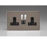 Varilight 2-Gang 13A Single Pole Switched Socket + 2x5V DC 2100mA USB Charging Ports Pewter