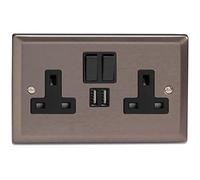 Varilight 2-Gang 13A Single Pole Switched Socket + 2x5V DC 2100mA USB Charging Ports Pewter