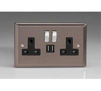 Varilight 2-Gang 13A Single Pole Switched Socket + 2x5V DC 2100mA USB Charging Ports Pewter