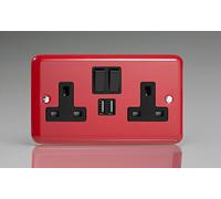 Varilight 2-Gang 13A Single Pole Switched Socket + 2x5V DC 2100mA USB Charging Ports Pillar Box Red