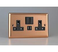 Varilight 2-Gang 13A Single Pole Switched Socket + 2x5V DC 2100mA USB Charging Ports Polished Copper