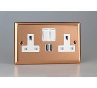 Varilight 2-Gang 13A Single Pole Switched Socket + 2x5V DC 2100mA USB Charging Ports Polished Copper