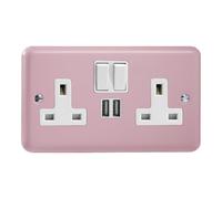 Varilight 2-Gang 13A Single Pole Switched Socket + 2x5V DC 2100mA USB Charging Ports Rose Pink