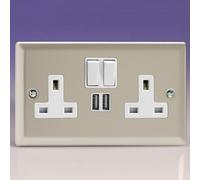 Varilight 2-Gang 13A Single Pole Switched Socket + 2x5V DC 2100mA USB Charging Ports Satin