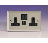 Varilight 2-Gang 13A Single Pole Switched Socket + 2x5V DC 2100mA USB Charging Ports Satin