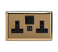 Varilight 2-Gang 13A Single Pole Switched Socket + 2x5V DC 2100mA USB Charging Ports Victorian Brass