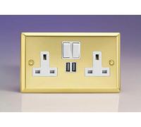 Varilight 2-Gang 13A Single Pole Switched Socket + 2x5V DC 2100mA USB Charging Ports Victorian Brass