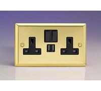 Varilight 2-Gang 13A Single Pole Switched Socket + 2x5V DC 2100mA USB Charging Ports Victorian Brass