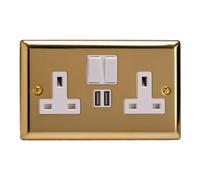 Varilight 2-Gang 13A Single Pole Switched Socket + 2x5V DC 2100mA USB Charging Ports Victorian Brass