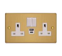 Varilight 2-Gang 13A Single Pole Switched Socket with 1x USB A & 1x USB C Charging Ports Brushed Brass