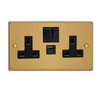 Varilight 2-Gang 13A Single Pole Switched Socket with 1x USB A & 1x USB C Charging Ports Brushed Brass