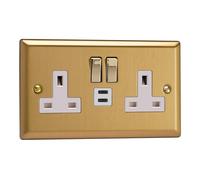 Varilight 2-Gang 13A Switched Plug Socket with USB C - Classic Brushed Brass, XB5U45DW