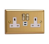 Varilight 2-Gang 13A Switched Plug Socket with USB C - Classic Brushed Brass, XB5U45DW