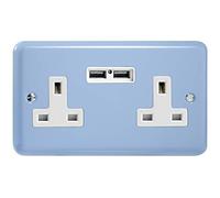 Varilight 2-Gang 13A Unswitched Socket + 2x5V DC 2100mA USB Charging Ports Duck Egg Blue