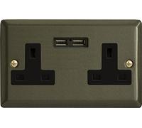 Varilight 2 Gang, 13 Amp Unswitched Socket with 2 Optimised USB Charging Ports, Black Insert. Classic Graphite 21