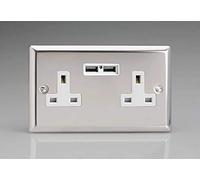 Varilight 2 Gang, 13 Amp Unswitched Socket with 2 Optimised USB Charging Ports, White Insert. Classic Polished Chrome)