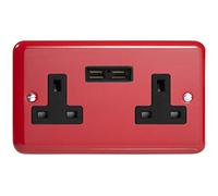 Varilight 2-Gang 13A Unswitched Socket + 2x5V DC 2100mA USB Charging Ports Pillar Box Red