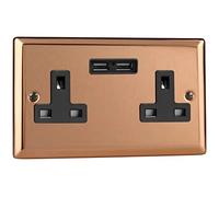 Varilight 2-Gang 13A Unswitched Socket + 2x5V DC 2100mA USB Charging Ports Polished Copper