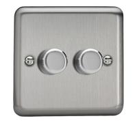 Varilight 2-Gang 2-Way V-Com Push On/Off Rotary LED Dimmer 2 x 0-100W Brushed Steel