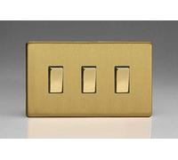Varilight 3-Gang 10A 1- or 2-Way Rocker Light Switch (Twin Plate) Brushed Brass XDB93S, 86x147x25mm