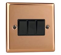 Varilight Rocker Switch 3-Gang 10A 1- or 2-Way Polished Copper