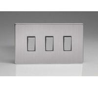 Varilight 3-Gang Rocker Light Switch Screwless 1/2-Way 10A Twin Brushed Steel 3-Gang 10A 1- Or 2-Way Rocker Switch (Twin Plate)