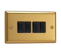 Varilight XB9B Quad Light Switch, 10A, 4-Gang, 2-Way, Classic Brushed Brass + Black Insert