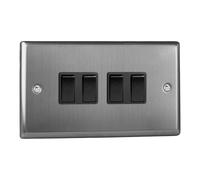 Varilight 4-Gang 10A 1- or 2-Way Rocker Switch (Twin Plate) Brushed Steel
