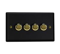 Varilight 4-Gang V-Pro Rotary 2-Way LED Dimmer 4 x 0-120W - Vogue Matt Black With Polished Brass Knob
