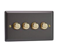 Varilight 4-Gang V-Pro Rotary 2-Way Led Dimmer 4 X 0-120W - Vogue Slate With Polished Brass Knob, Jydp254V.sl