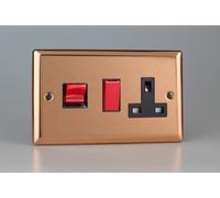 Varilight 45A Cooker Panel with 13A Double Pole Switched Socket Outlet (Red Rocker) Polished Copper